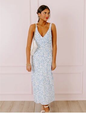 Olivaceous White Maxi Dress with Light Blue Floral Print
